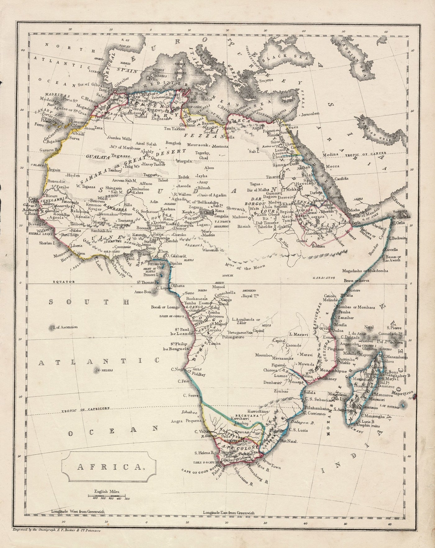 Africa antique map by F. P. Becker published 1842