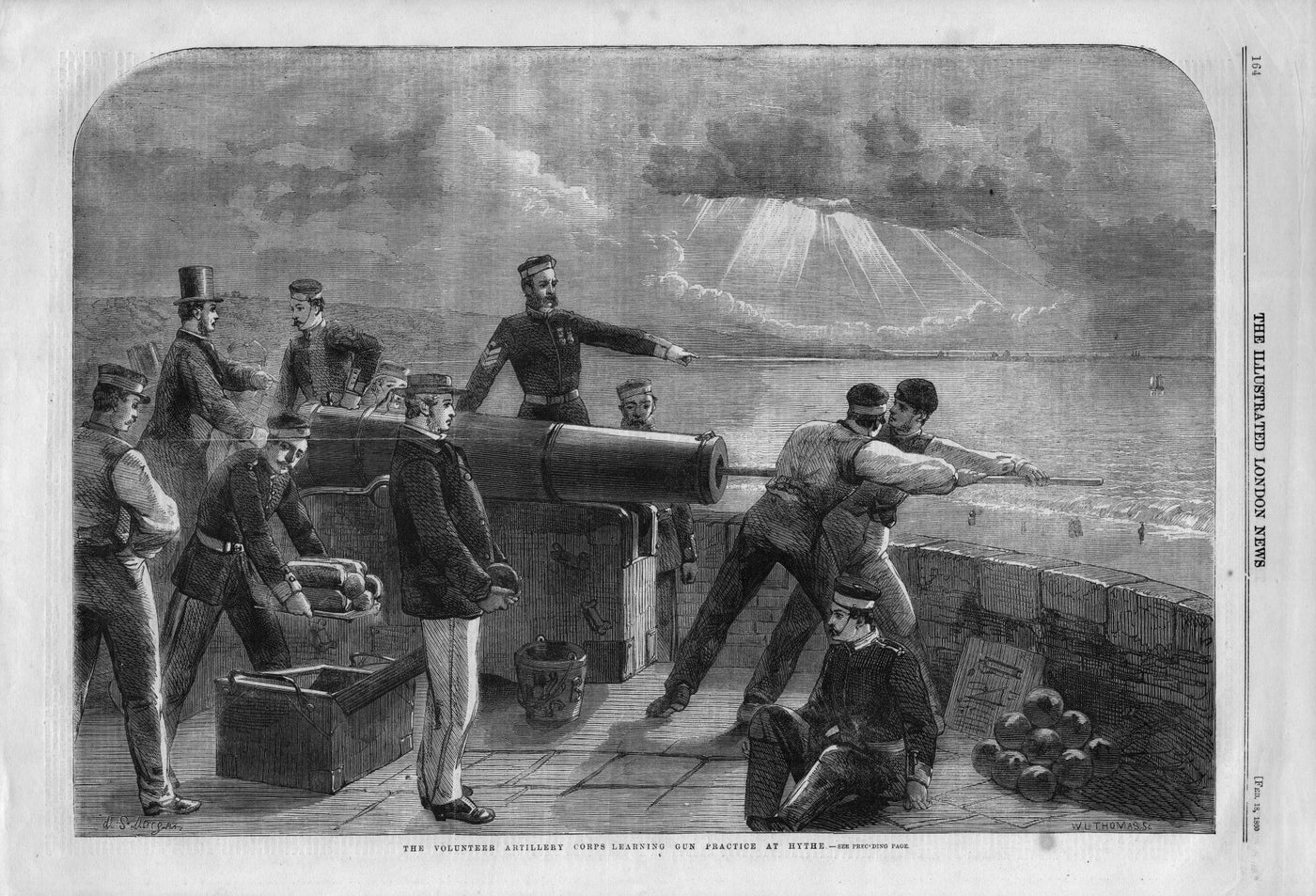 Artillery Corps learning gun practice at Hythe Kent antique print 1860