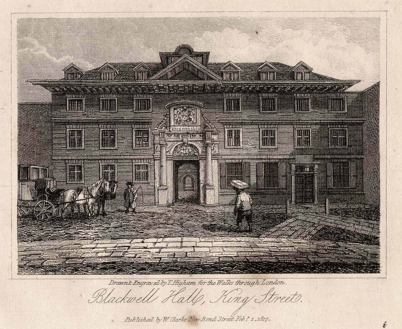 Blackwell Hall King Street London antique print published 1817