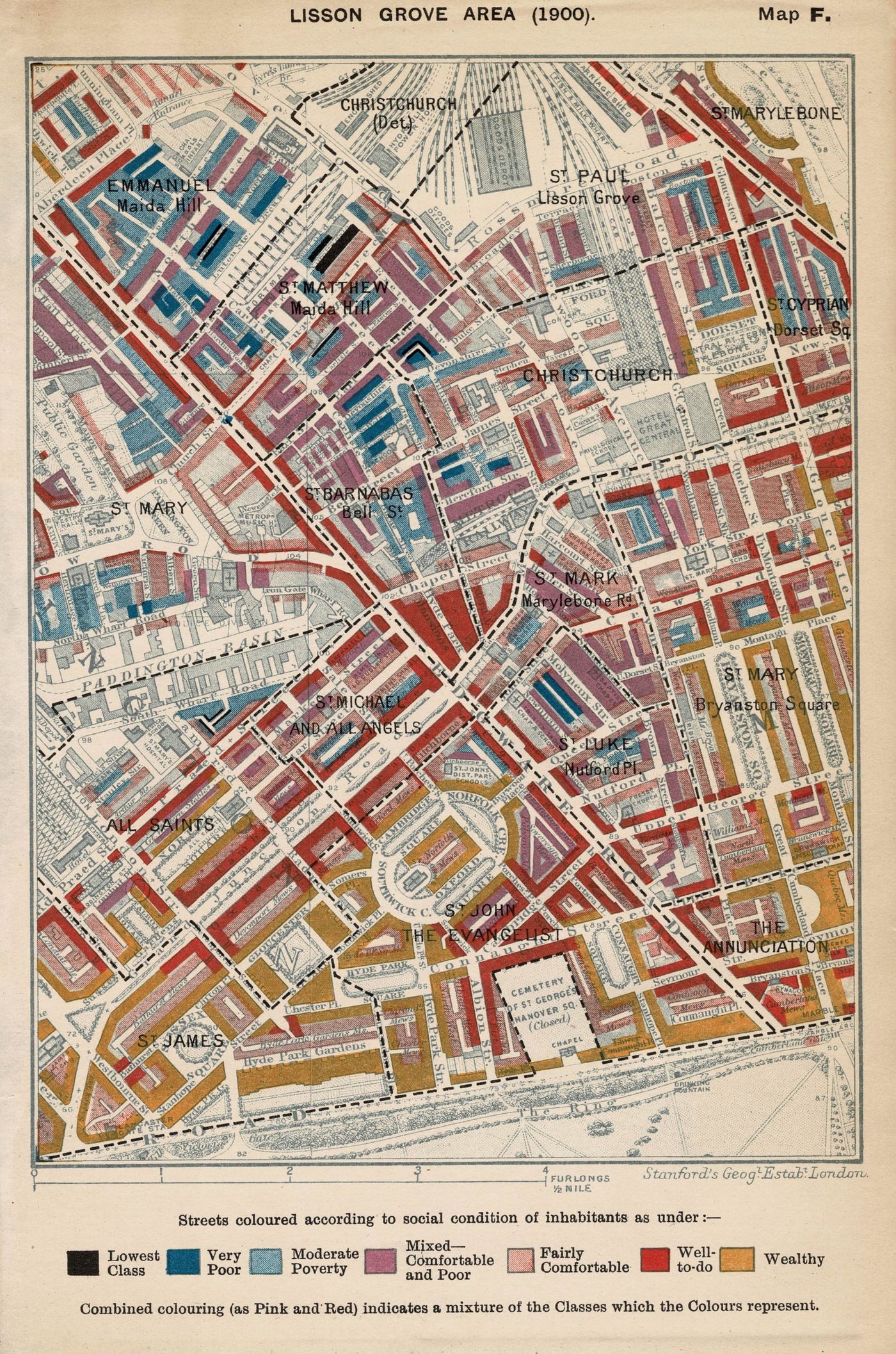 Marylebone antique map from Charles Booth's Poverty Map (Church Edition)