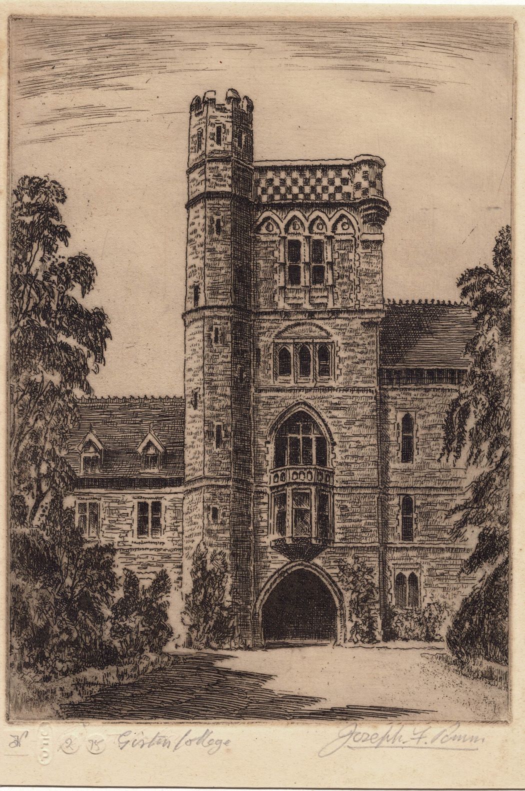 Girton College Cambridge University signed etching by Joseph F Pimm