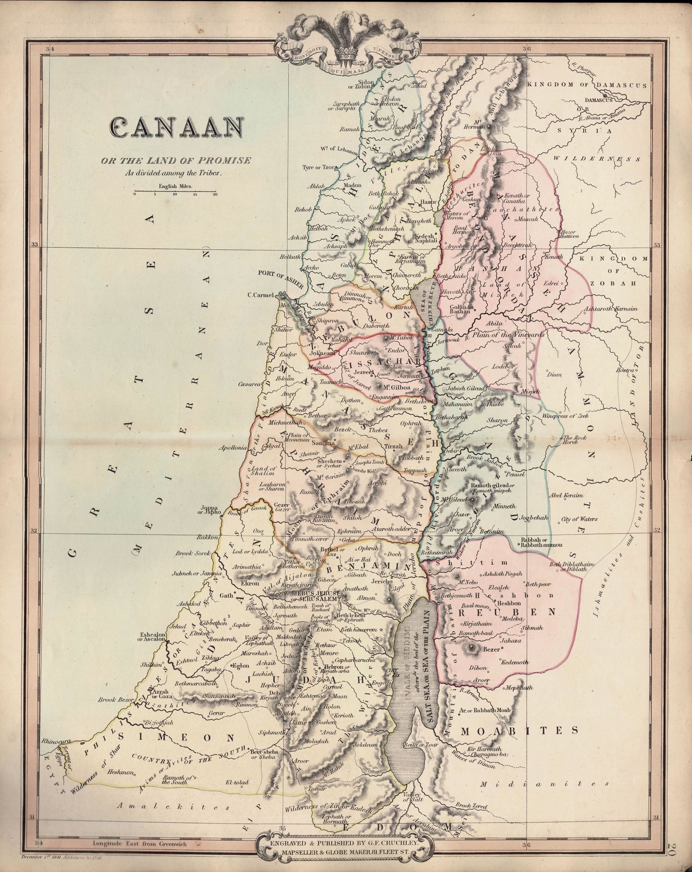 Canaan or the Land of Promise original hand-coloured antique map 1855