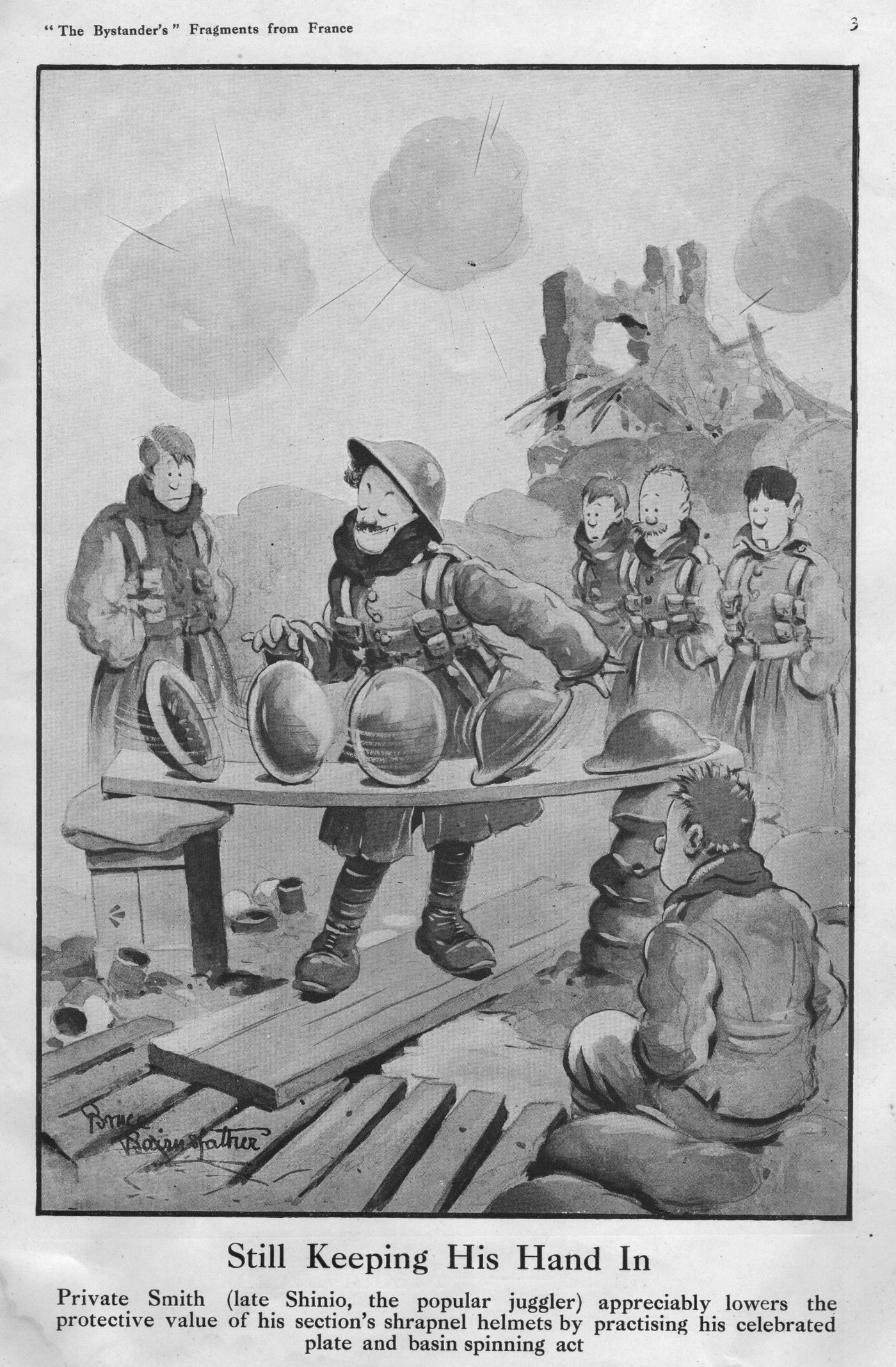 Juggling soldier cartoon by Bruce Bairnsfather WW1 antique print 1917