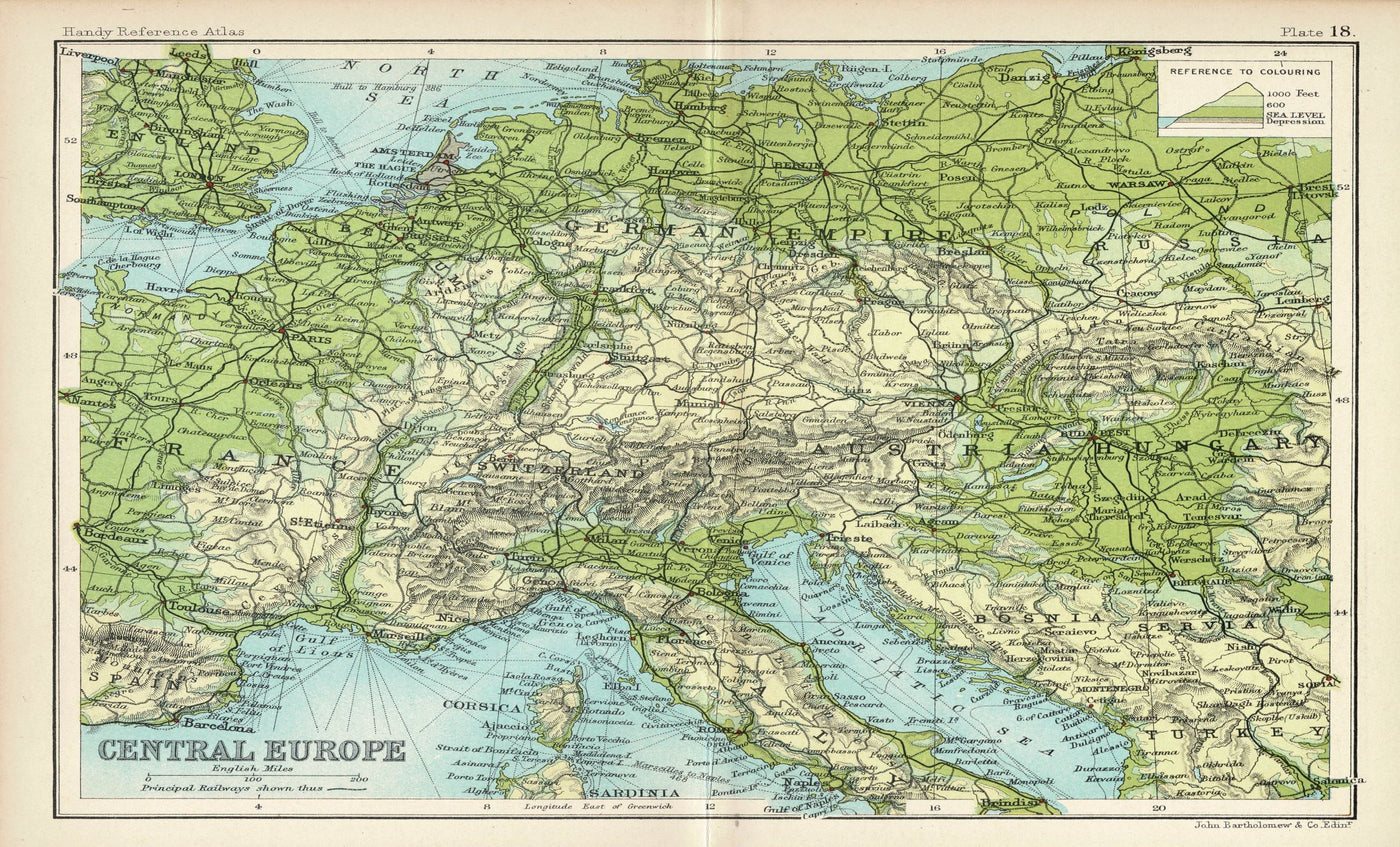 Central Europe antique map published 1909