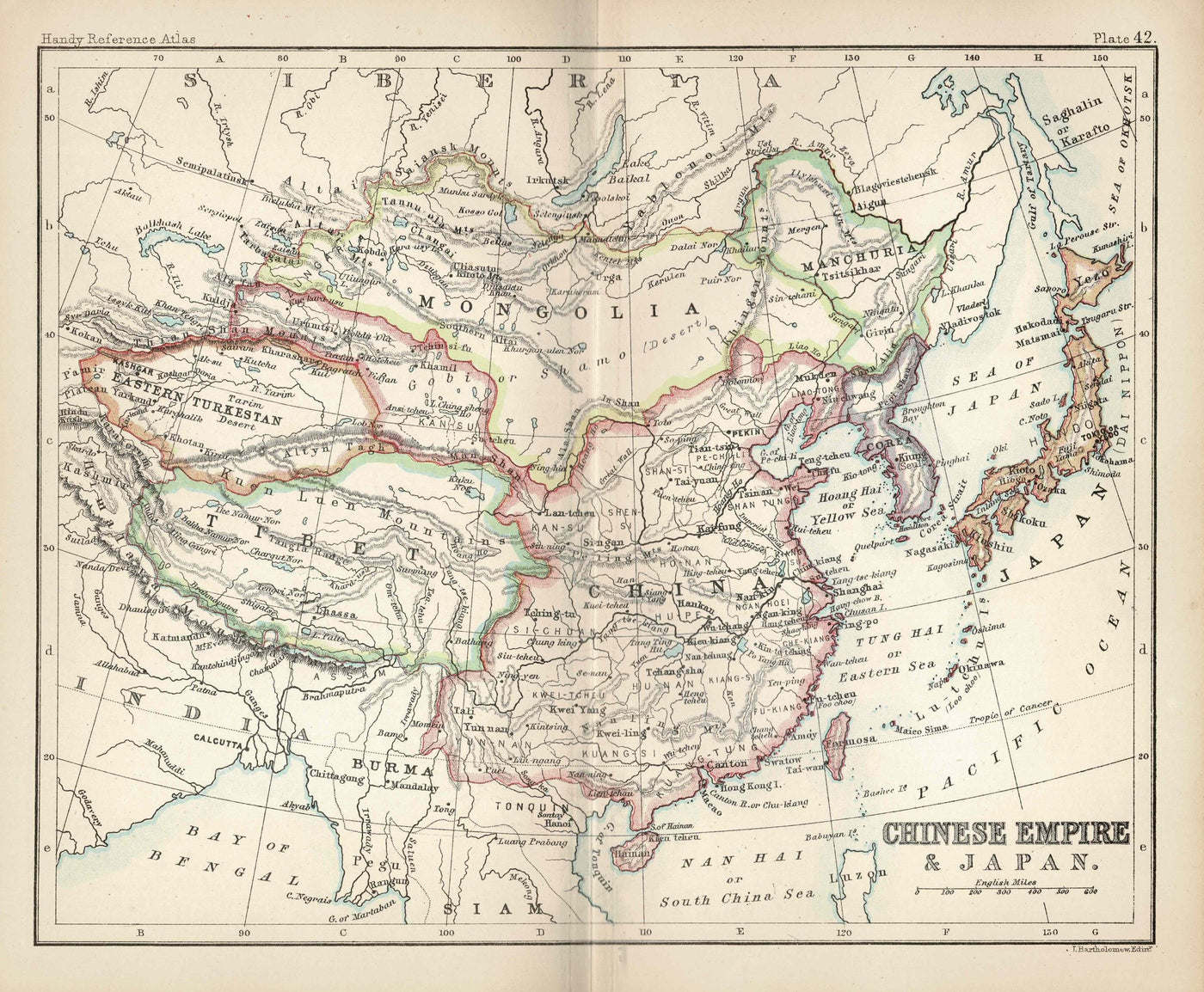 Chinese Empire and Japan antique map 1886