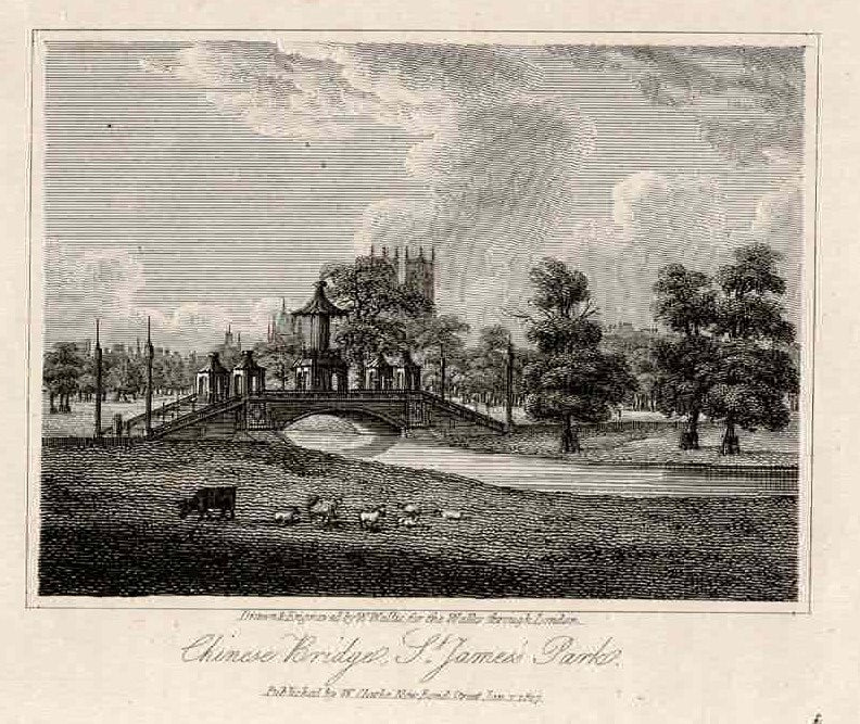 Chinese Bridge and Pagoda St James's Park antique print 1817