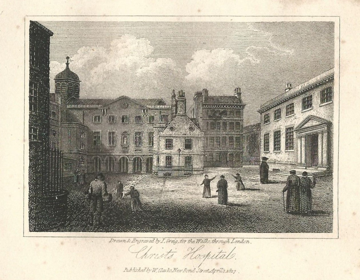 Christ's Hospital antique print 1817