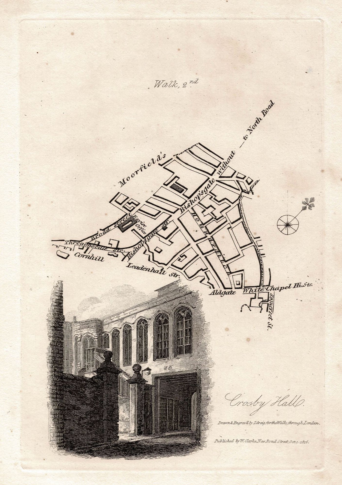 Crosby Hall Bishopsgate London antique print 1817