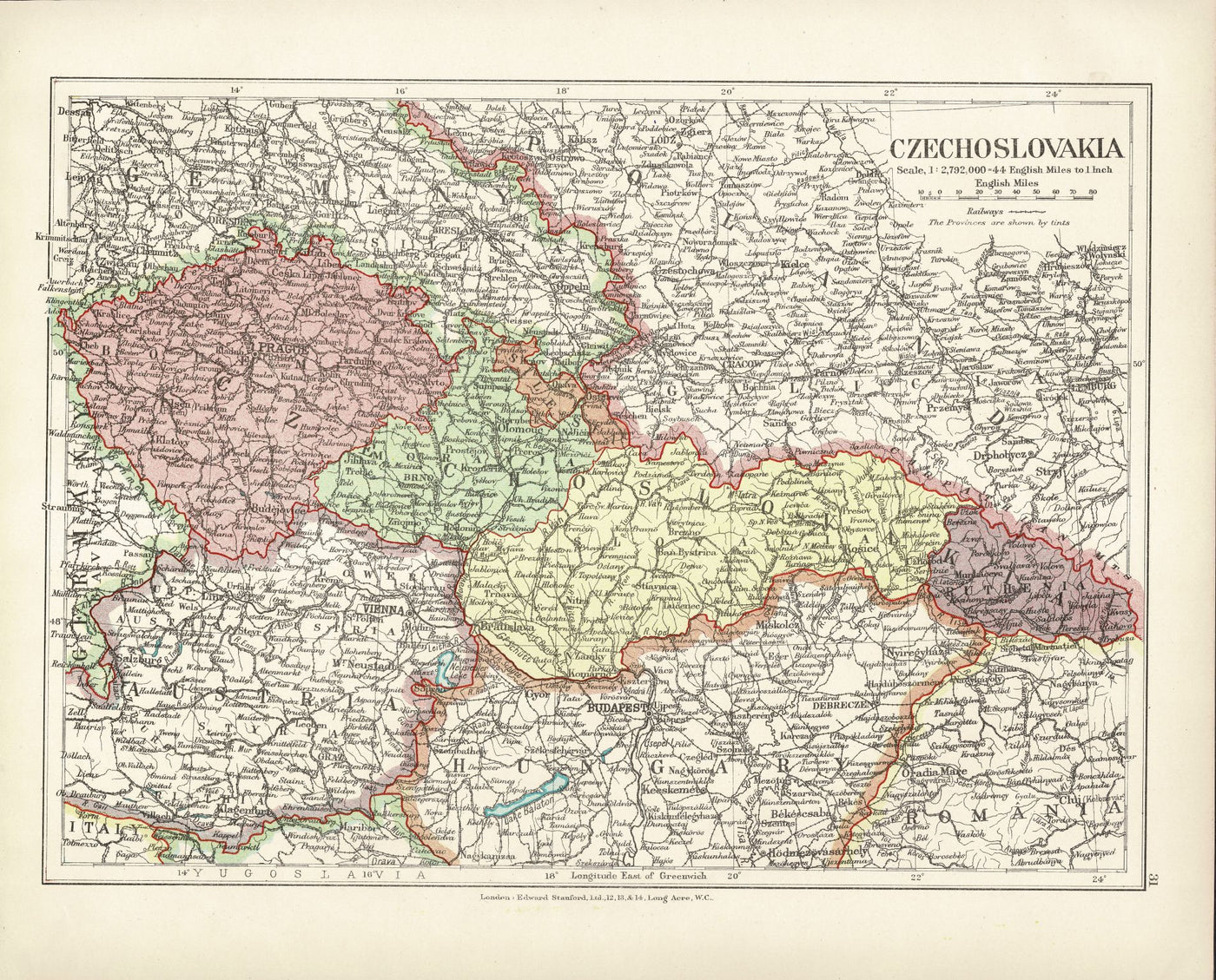 Czechoslovakia antique map 1926