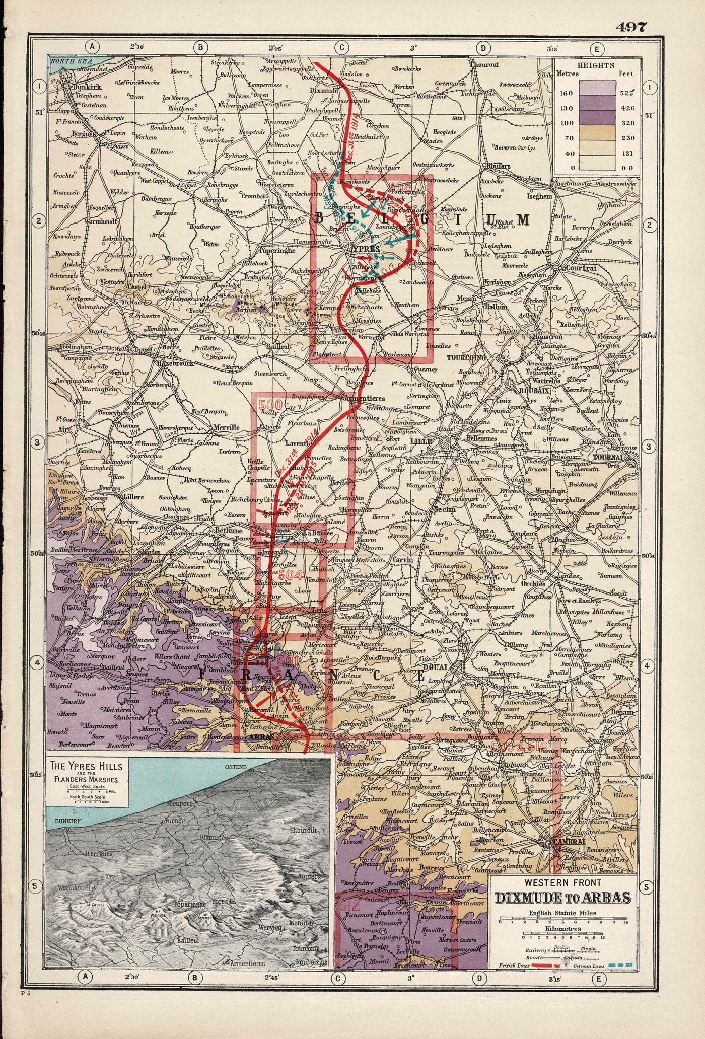 Dixmude to Arras antique map taken from Atlas of the World: Atlas of the Great War 1920