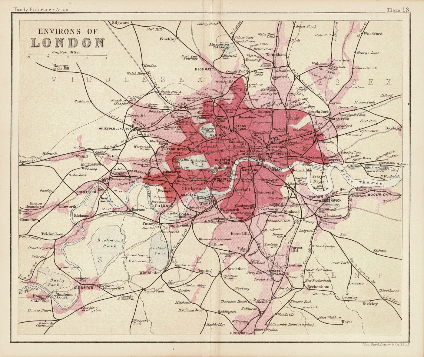 London environs antique map published 1890