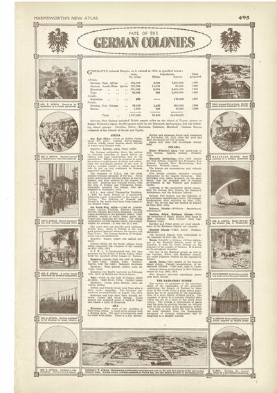 German Colonies fate during WWI antique map An Atlas of the Great War, published 1920