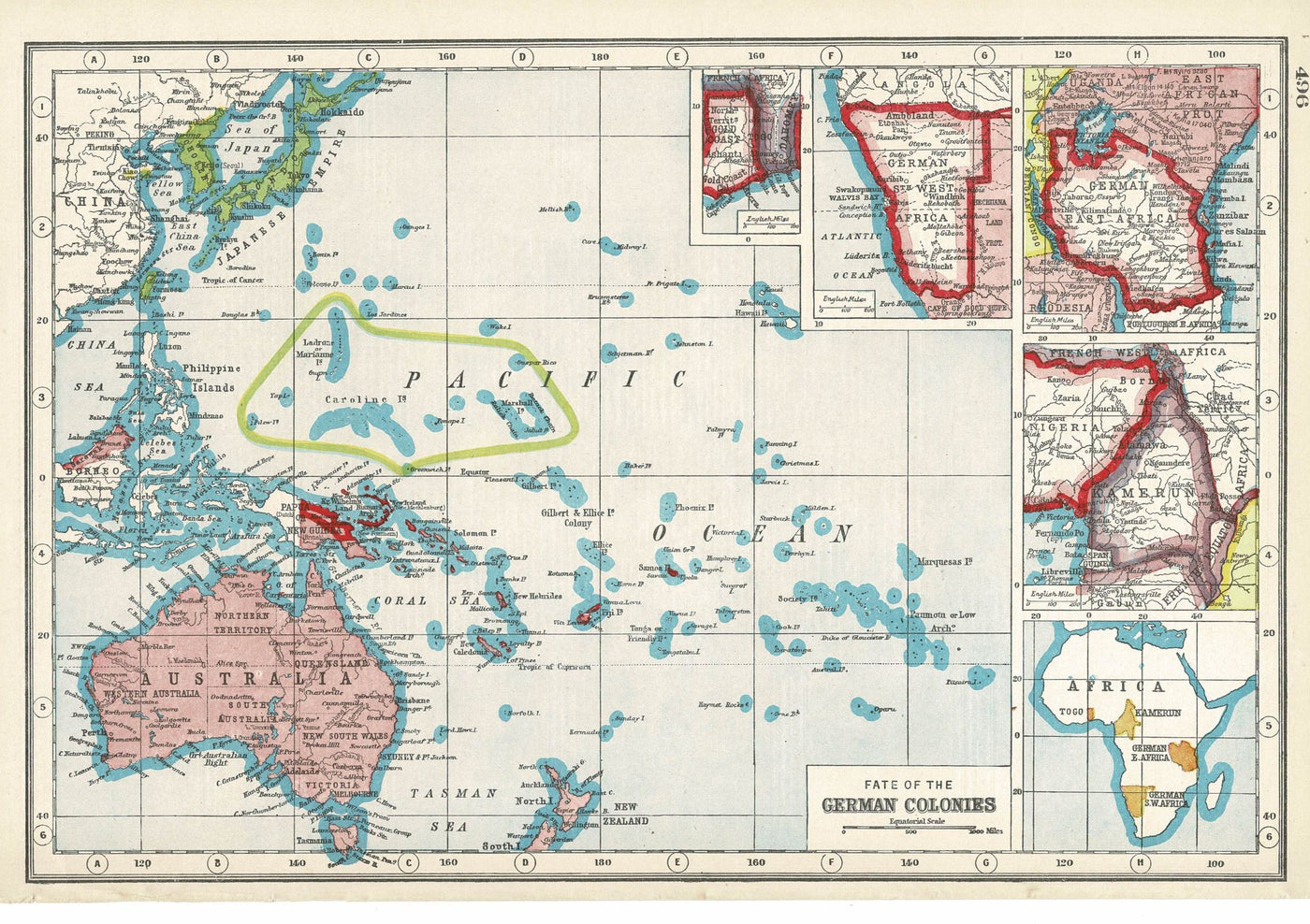 German Colonies fate during WWI antique map An Atlas of the Great War, published 1920