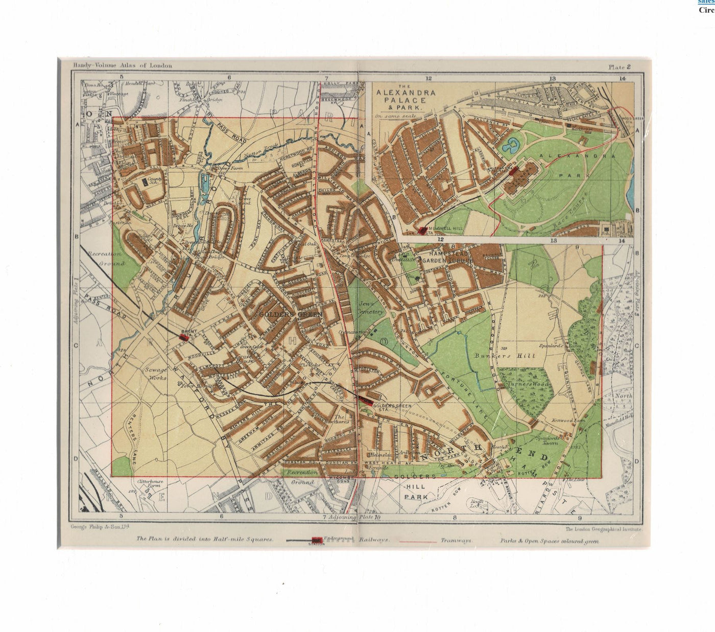 Golder's Green and Alexandra Palace, antique map, 1922