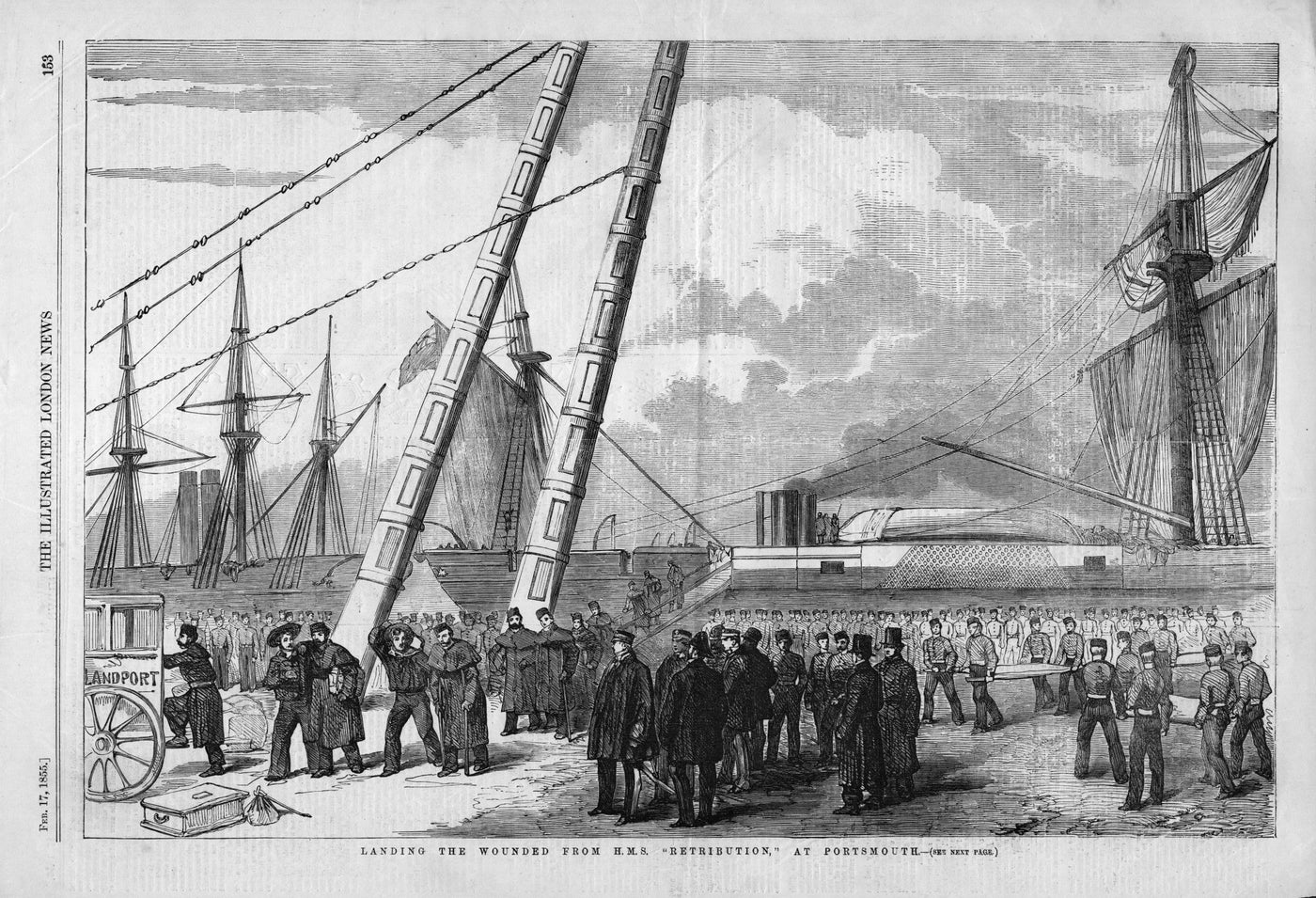 HMS Retribution landing Crimean War wounded at Portsmouth antique print 1855