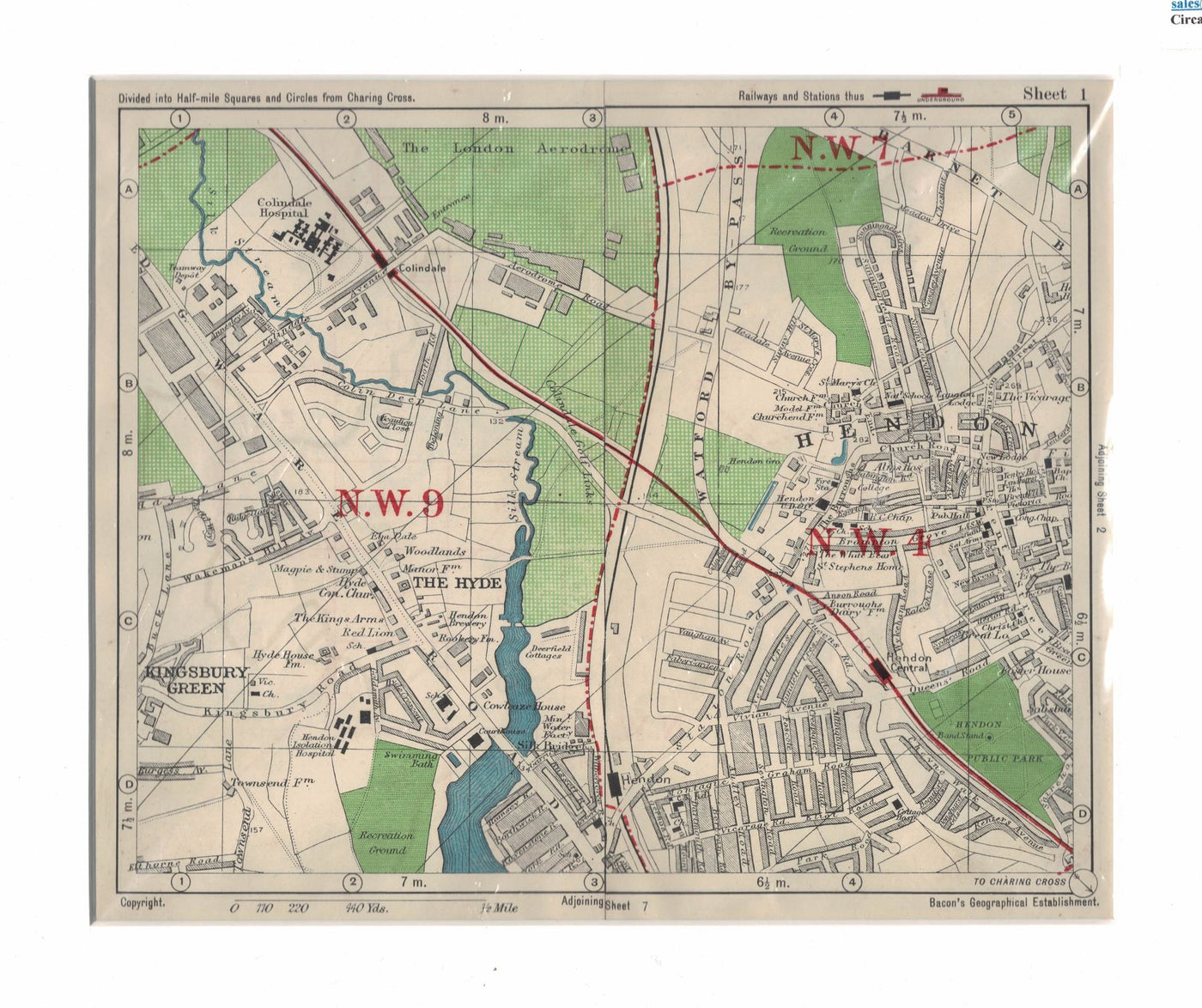 Hendon, antique map, 1928