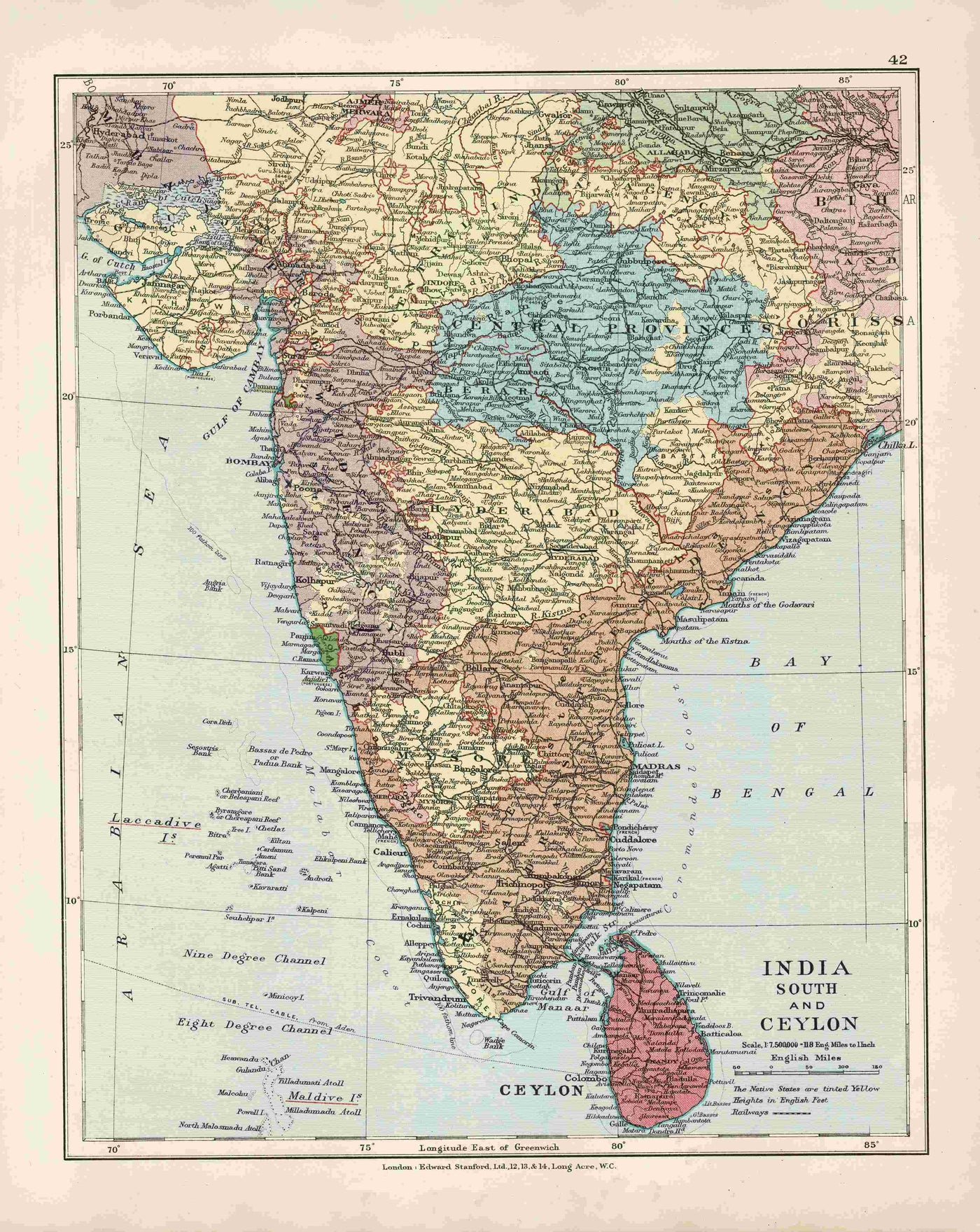 India and Ceylon antique map 1926