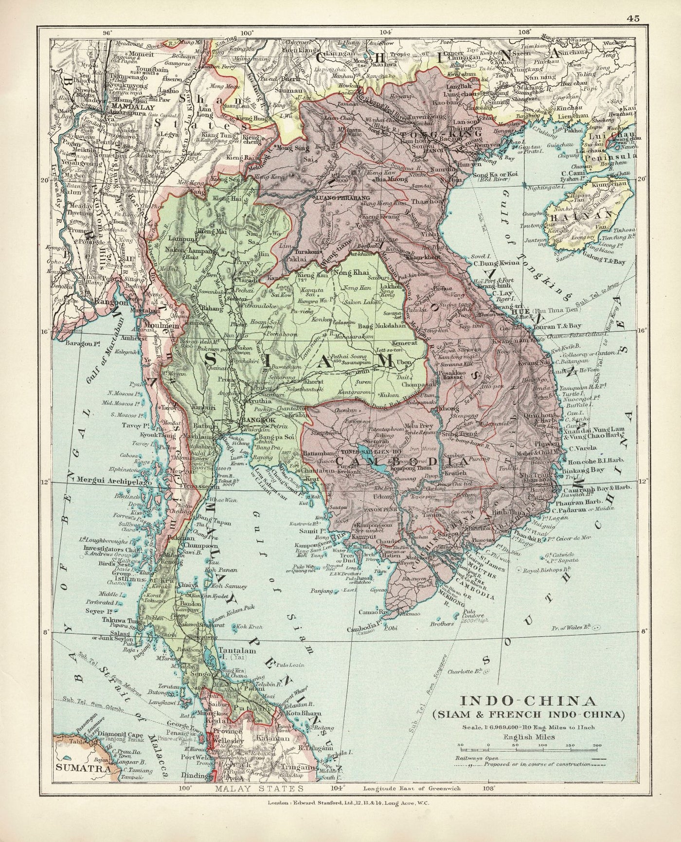 Indo-China Siam and Malaya antique map 1926