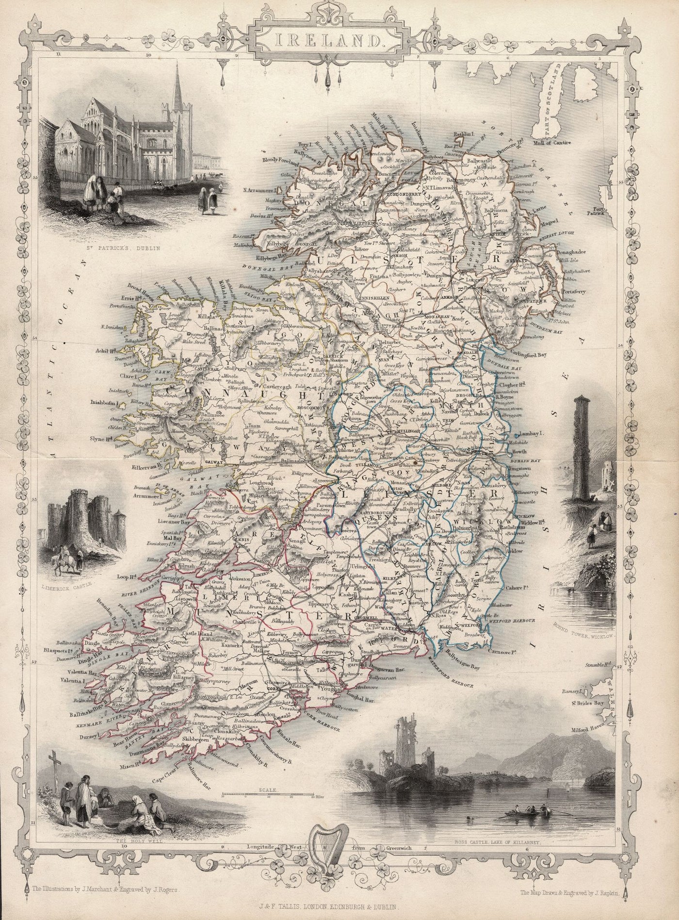 Ireland antique map by Tallis published 1851