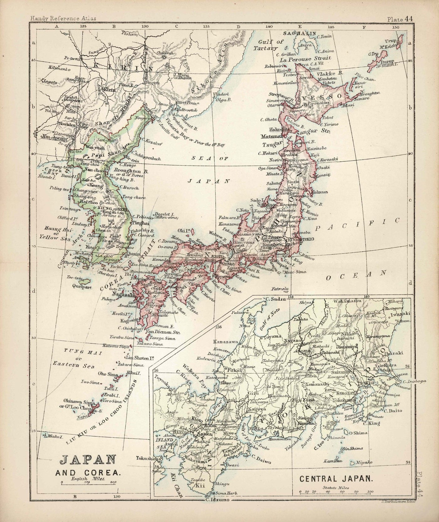 Japan (日本) and Korea (한국) antique map published 1886