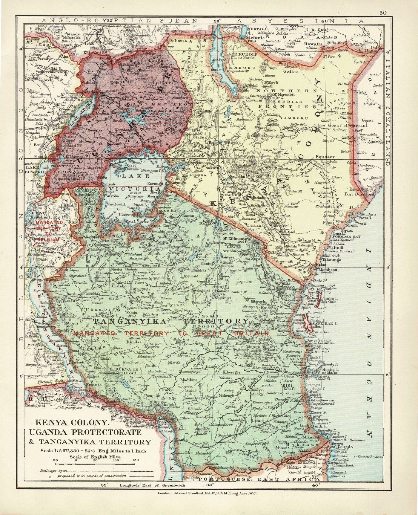 Kenya, Uganda & Tanganyika antique map 1926