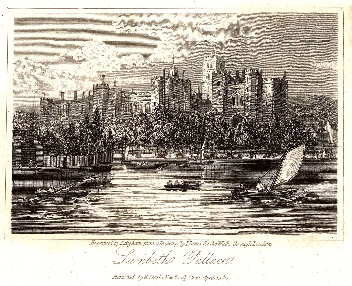 Lambeth Palace across the River Thames antique print 1817