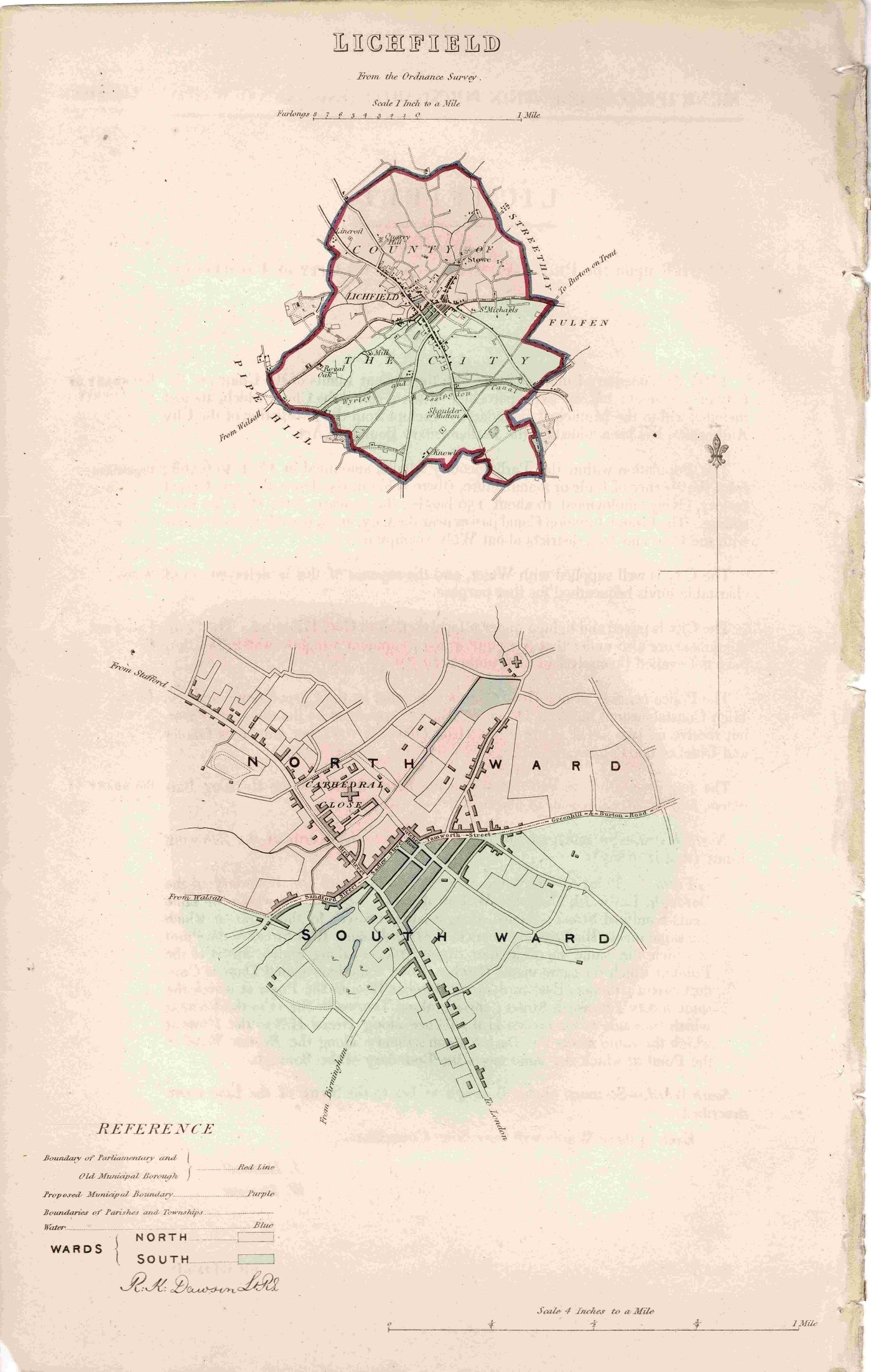 Lichfield Ordnance Survey Boundary Commission antique map 1847