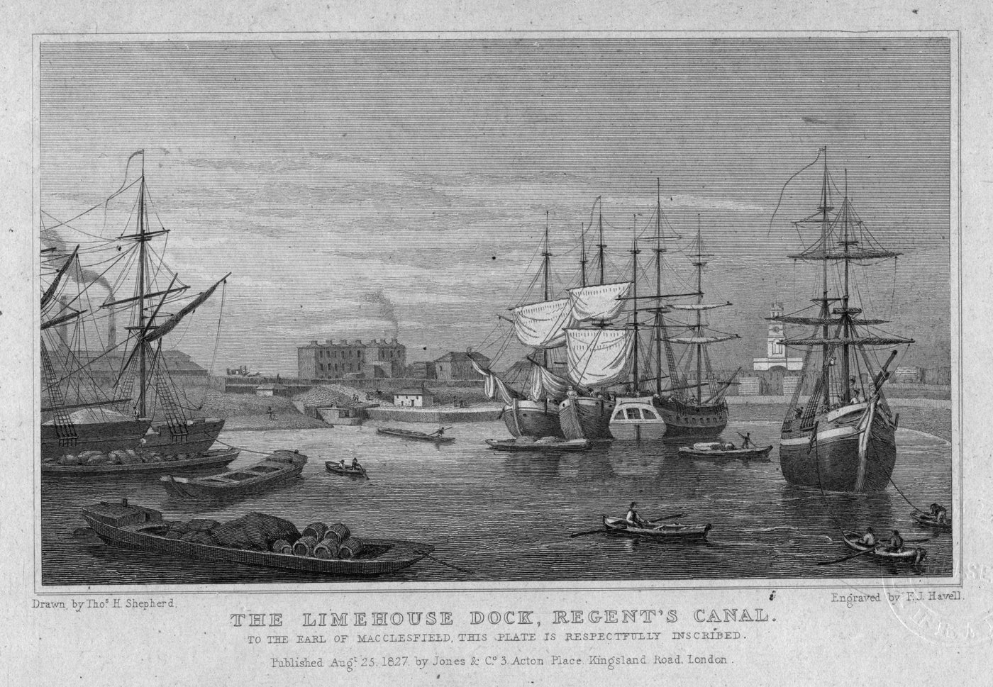 Limehouse Dock Regents Canal antique print 1830