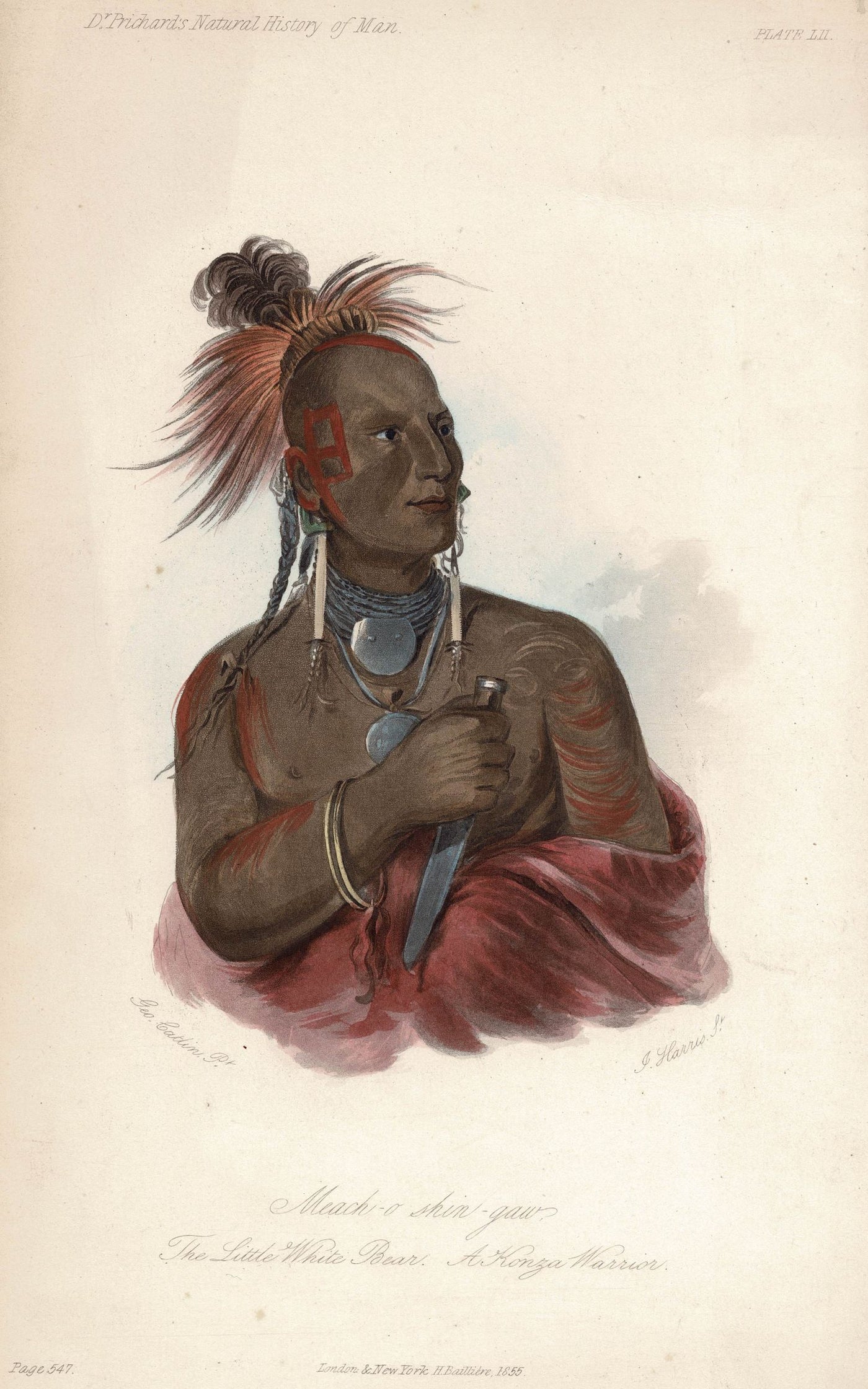 Little White Bear, Kaw Warrior antique print 1855