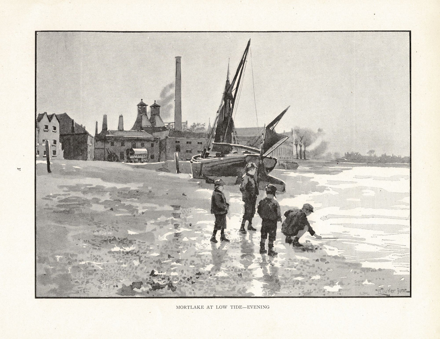 Mortlake Surrey at Low Tide antique print 1893