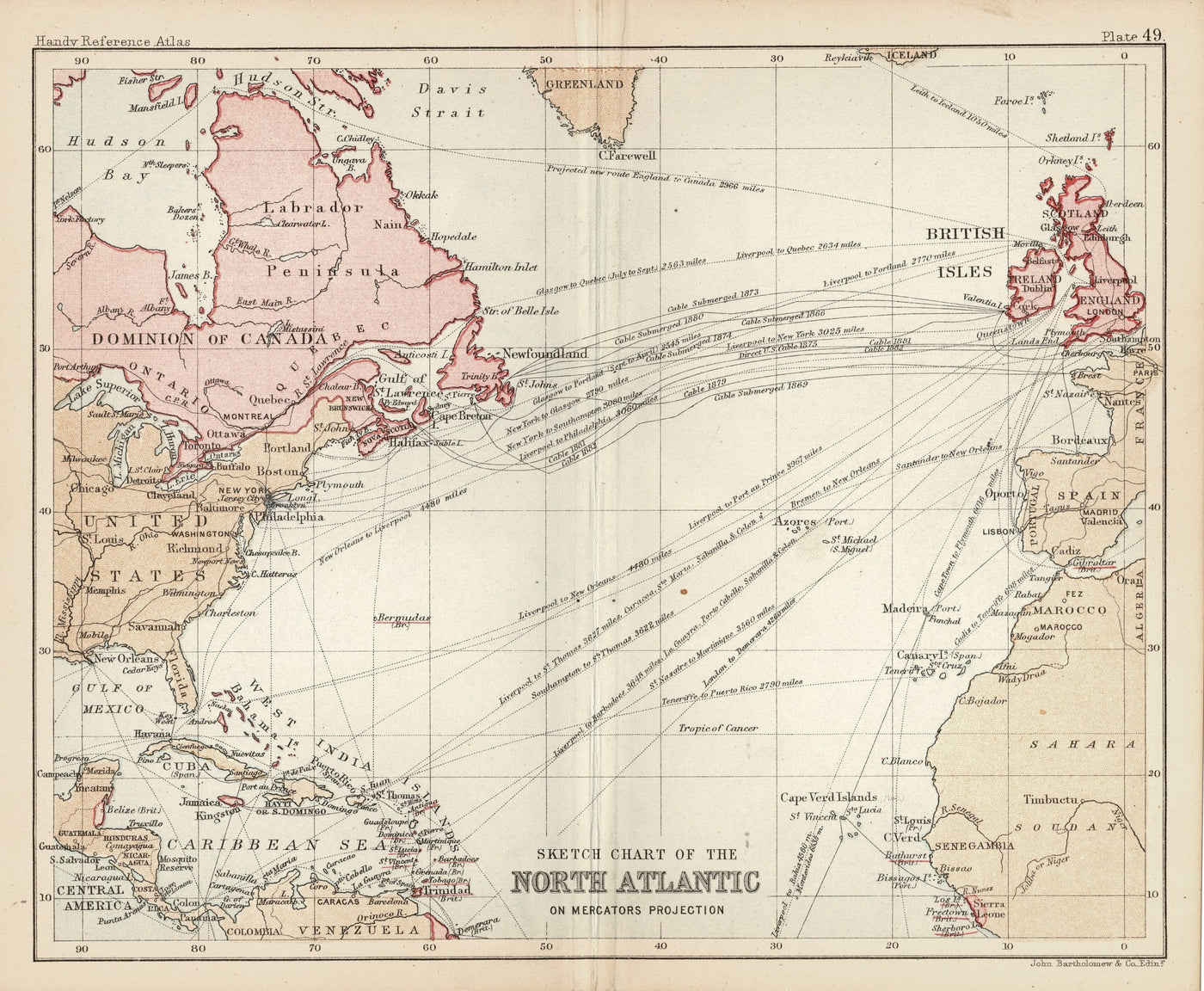 North Atlantic Chart on Mercator's Projection antique map 1890