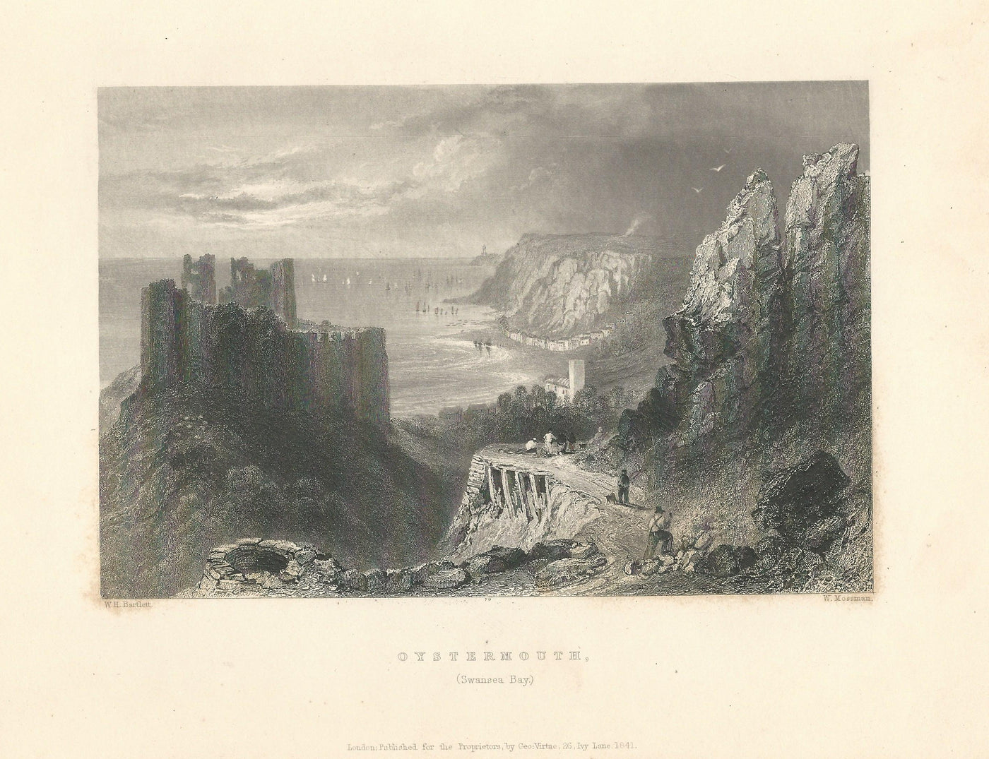 Oystermouth Swansea Bay Wales Cymru antique print 1844