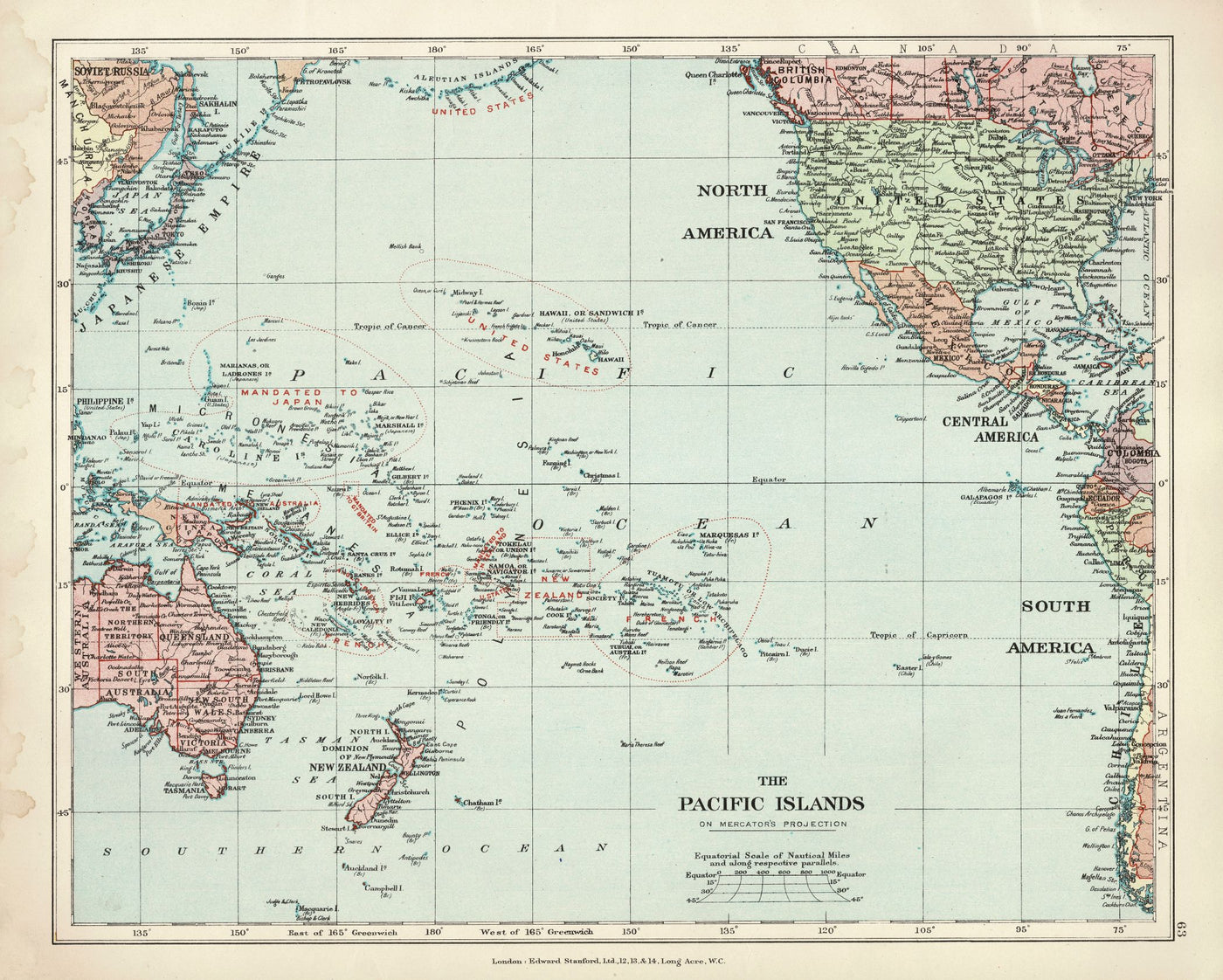 Pacific Ocean Islands antique map 1926