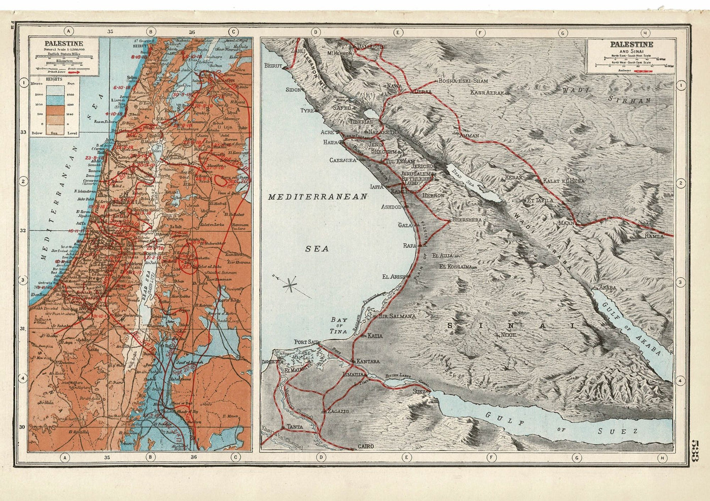 Palestine from An Atlas of the Great War antique map published 1920