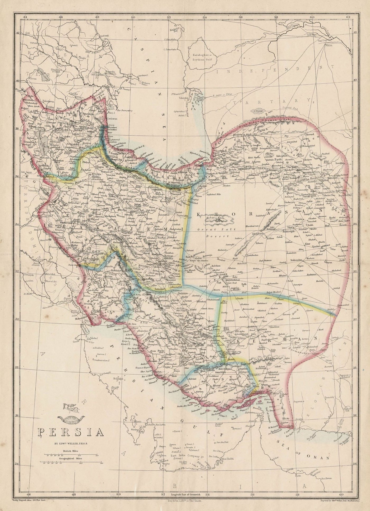 Persia (Iran) antique map by Edward Weller published c.1863