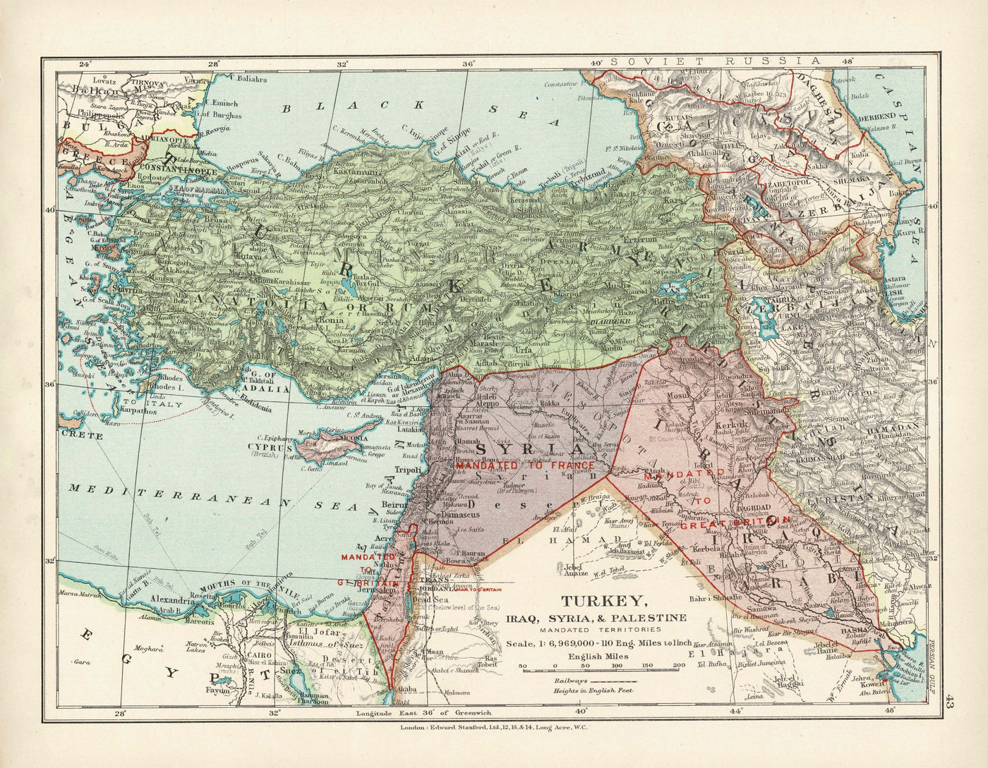 Post WW1 Middle East mandates antique map 1926