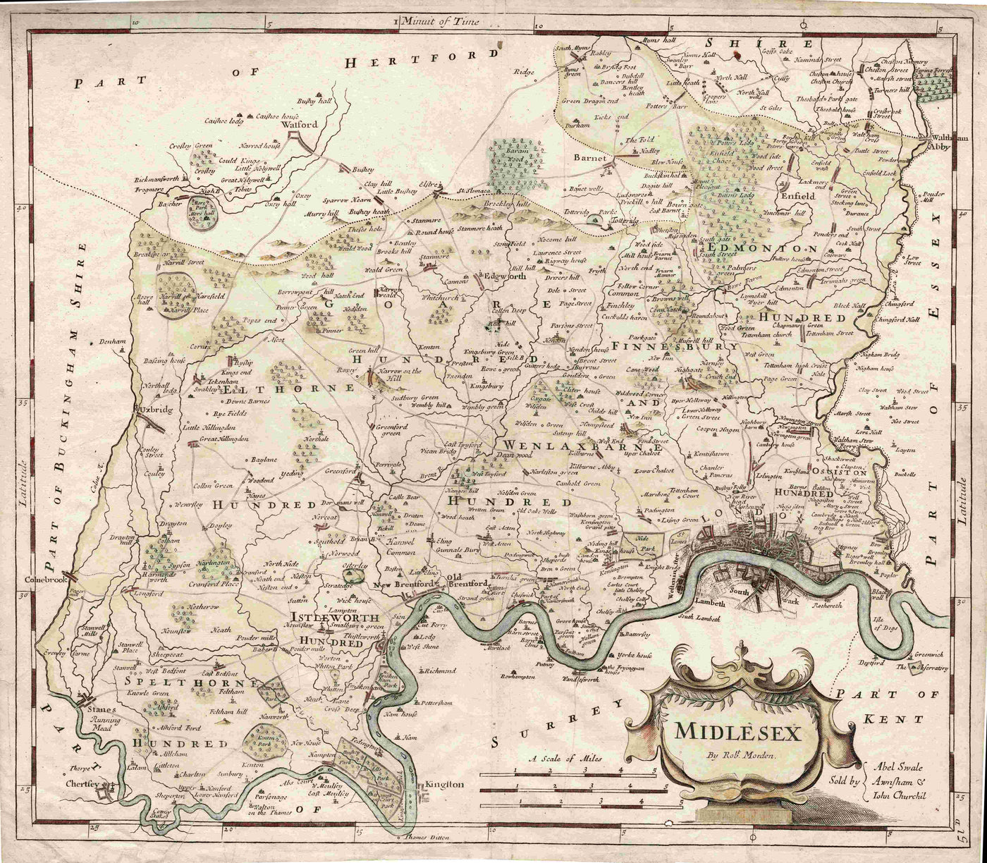 Middlesex antique map from a first edition of Camden's Britannia published 1695