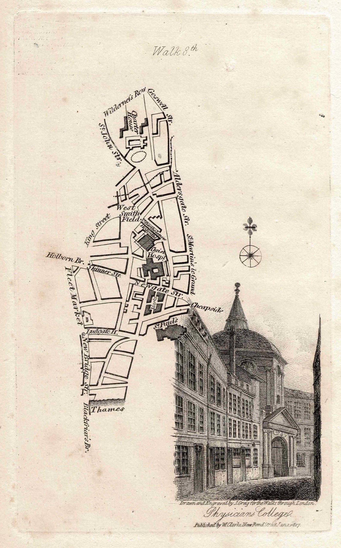 Royal College of Physicians antique walking map published 1817