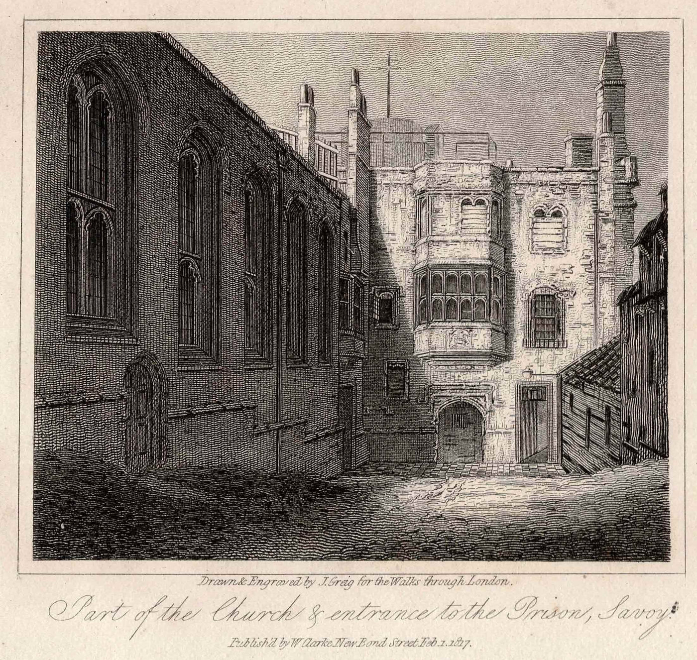 Savoy Prison entrance and church antique print published 1817