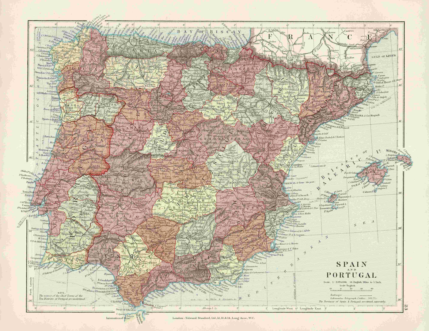 Spain and Portugal antique map 1926