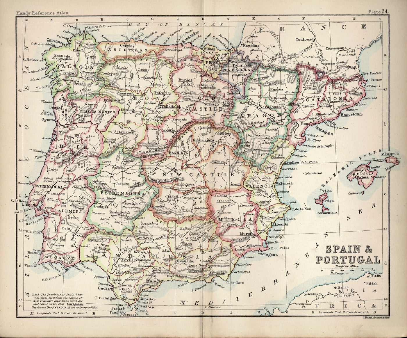 Spain and Portugal antique map 1887