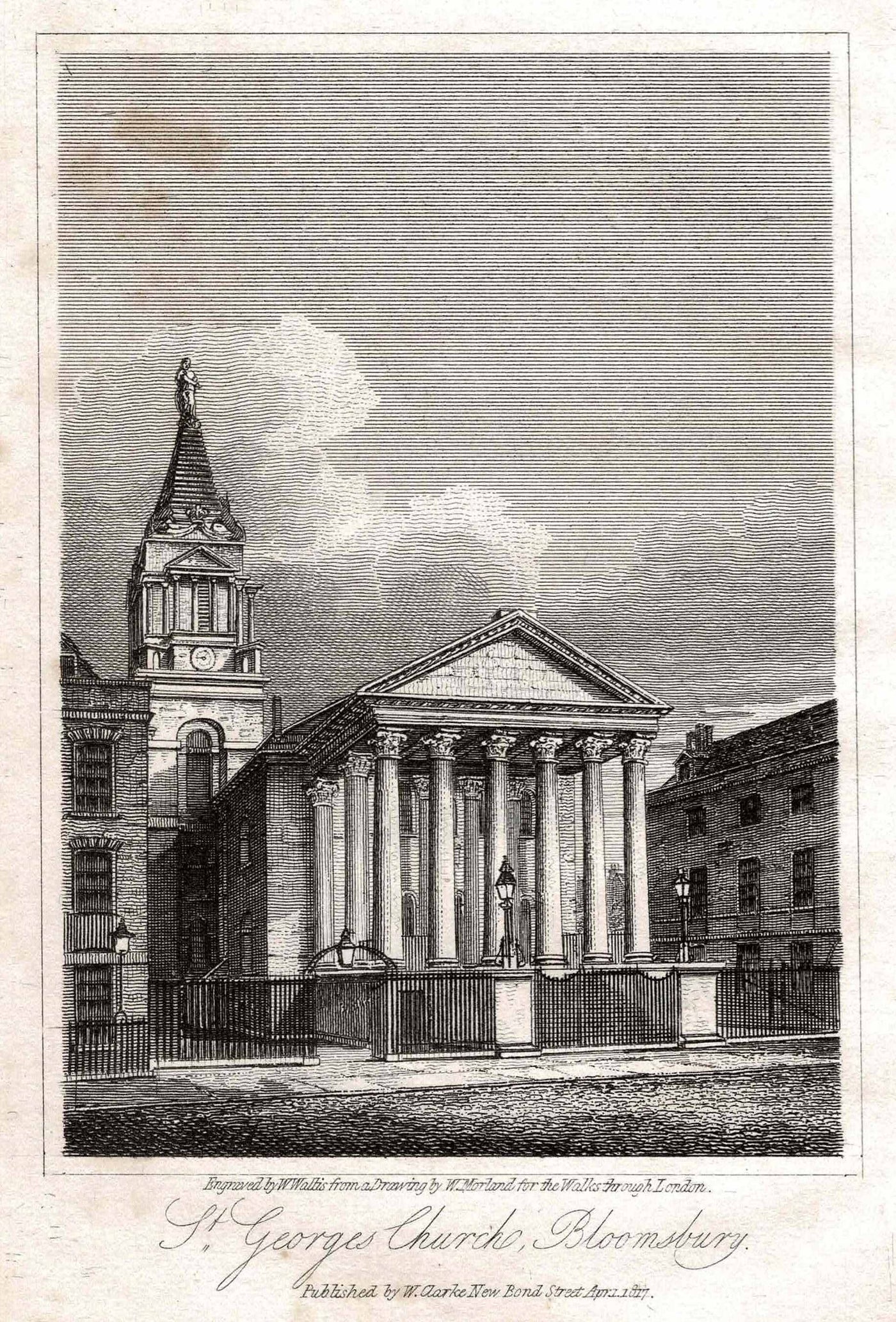 St George's Church Bloomsbury antique print 1817