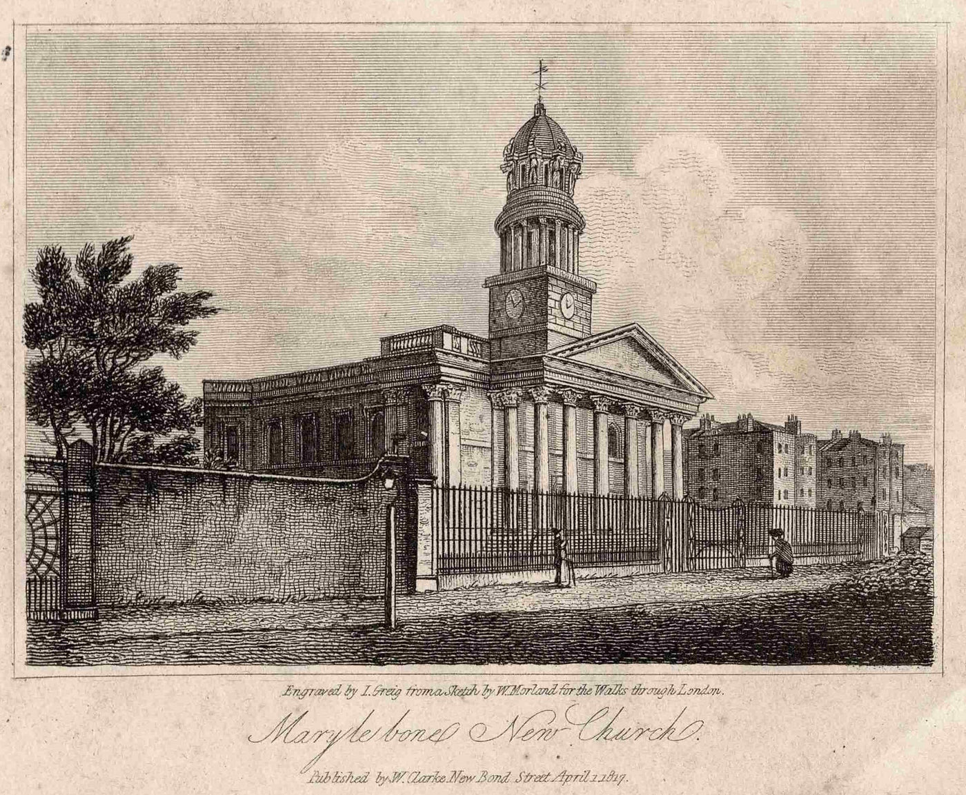 St Marylebone New Church antique print published 1817