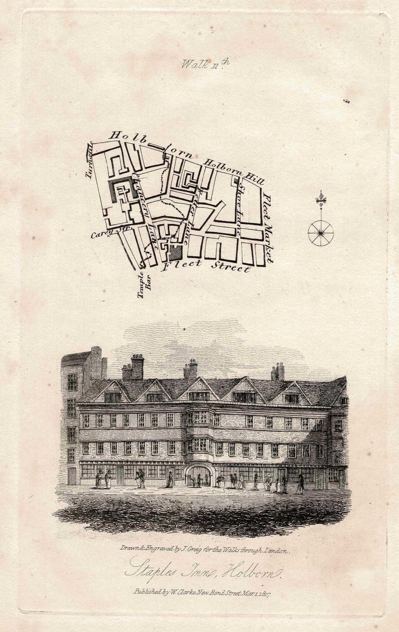 Staples Inn, Holborn, historic walking map published 1817