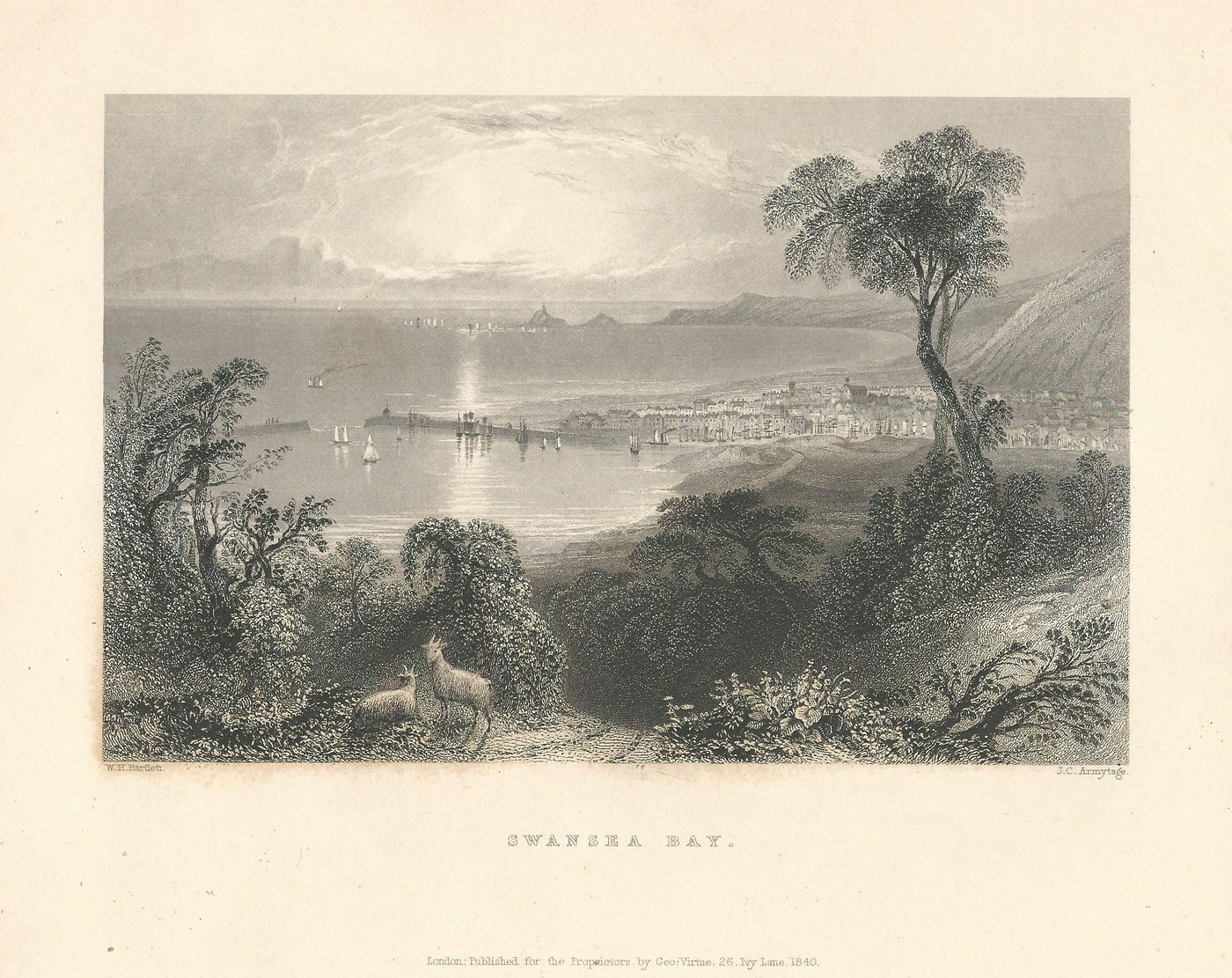 Swansea Bay Wales Cymru antique print 1844