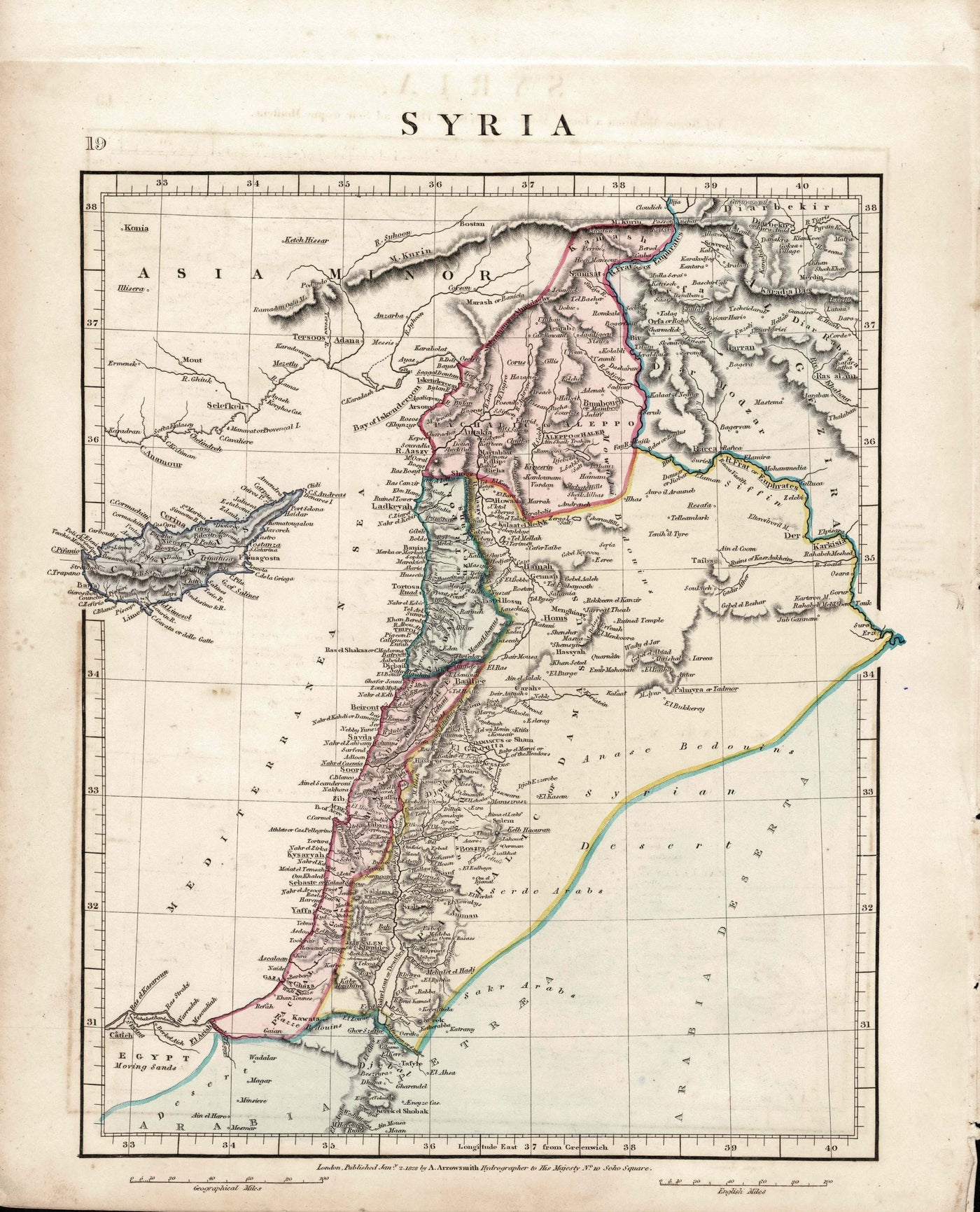 Syria and Cyprus A. Arrowsmith antique map published 1828