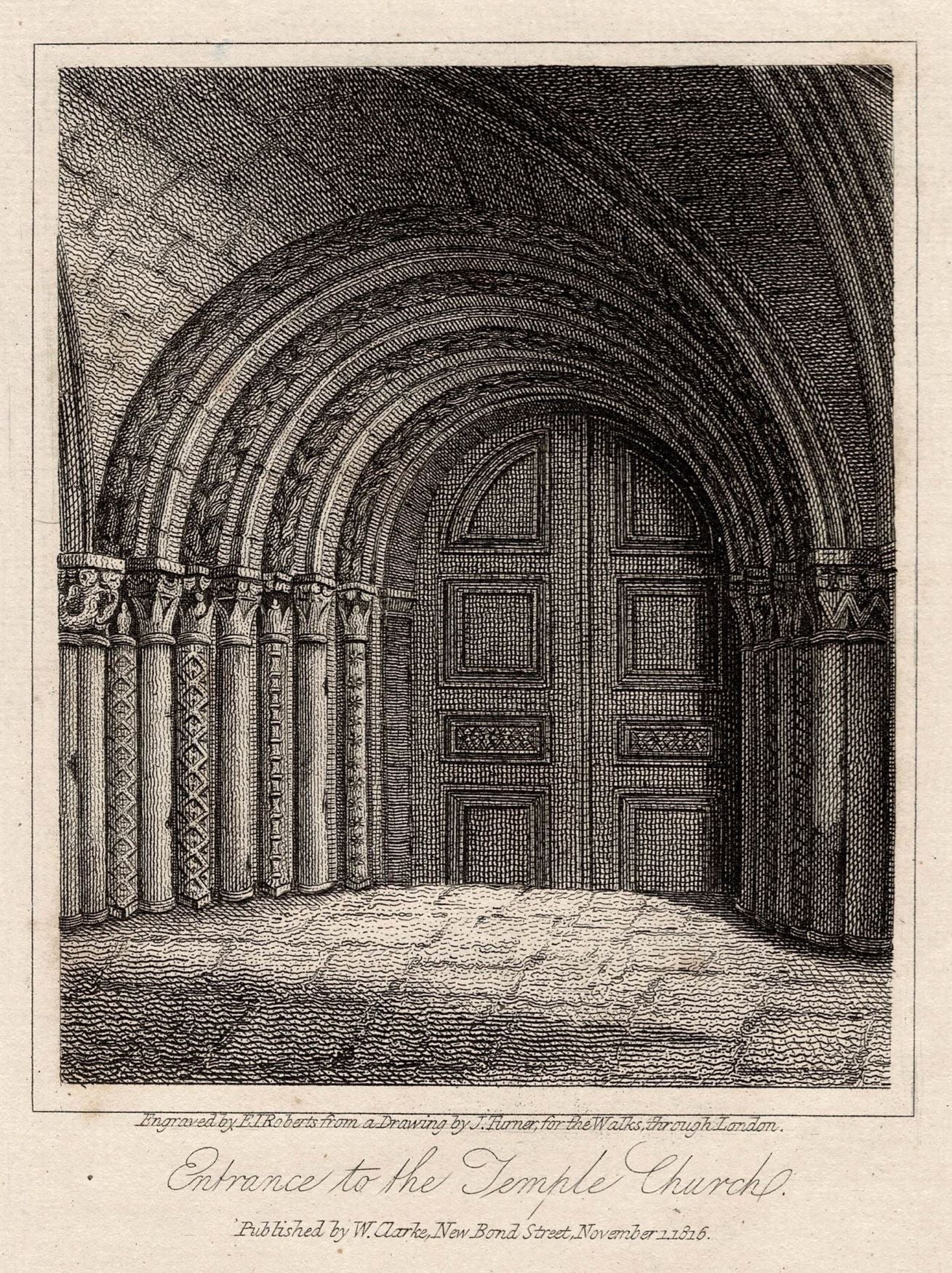 Temple Church Entrance, London,  antique print published 1817