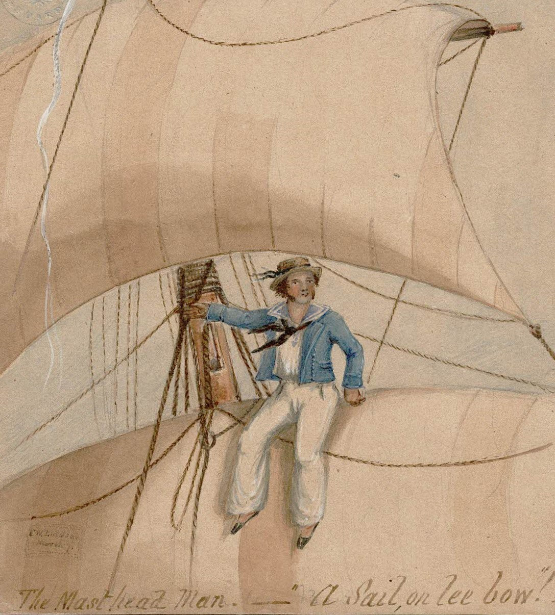 Royal Navy 'Masthead Man' spotting a leeward ship. Signed Victorian watercolour