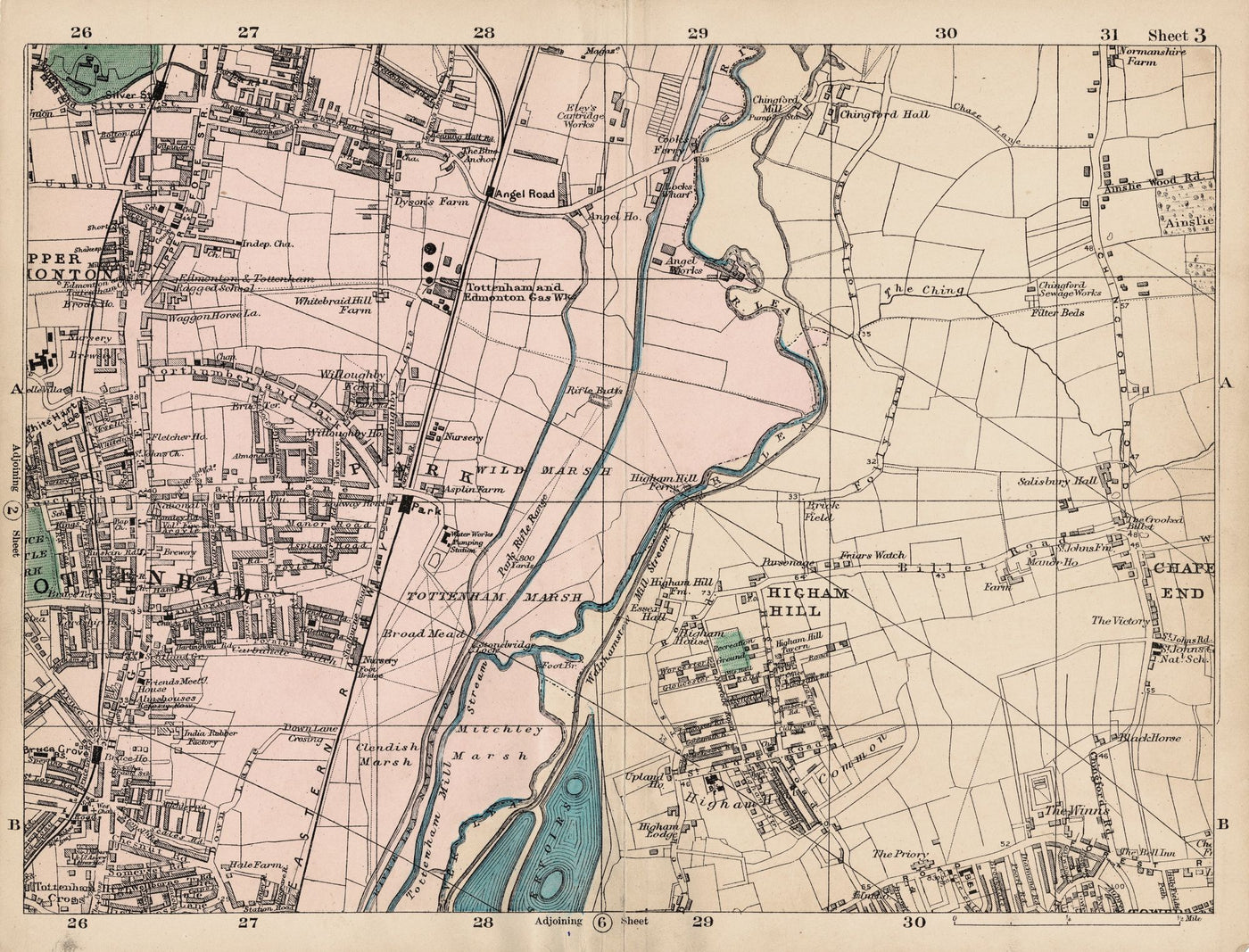 Tottenham, Silver Street, Chingford, Higham Hill, Chapel End antique map 1897