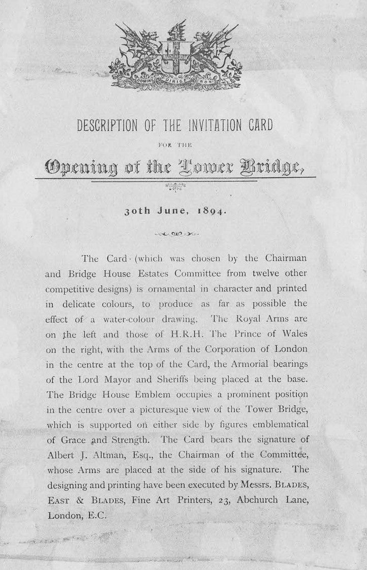 Tower Bridge original invitation to the official opening by the Prince of Wales